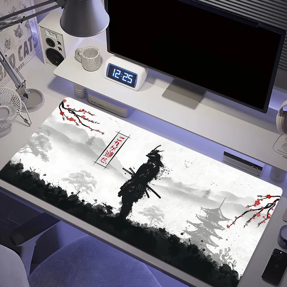 Large Japan Samurai Fantasy Mask mouse pad by R.E.D. Shopping featuring a detailed samurai mask design on a non-slip gaming desk mat