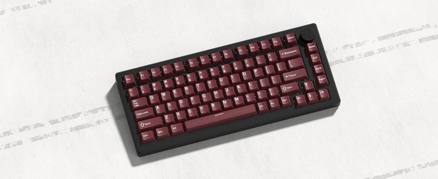 Retro dark red PBT keycap set with 126 Cherry profile keycaps for mechanical keyboards, featuring double shot lettering.
