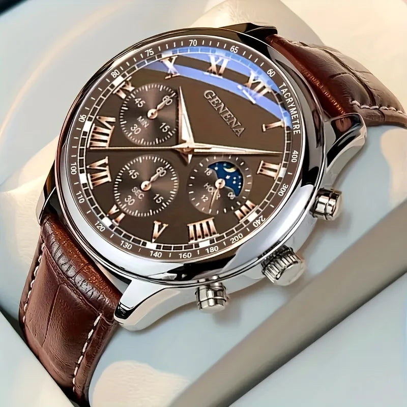 Geneva men's luxury quartz watch with leather strap, Roman numerals, water-resistant, stylish jewelry accessory.