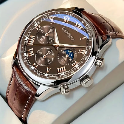 Geneva men's luxury quartz watch with leather strap, Roman numerals, water-resistant, stylish jewelry accessory.