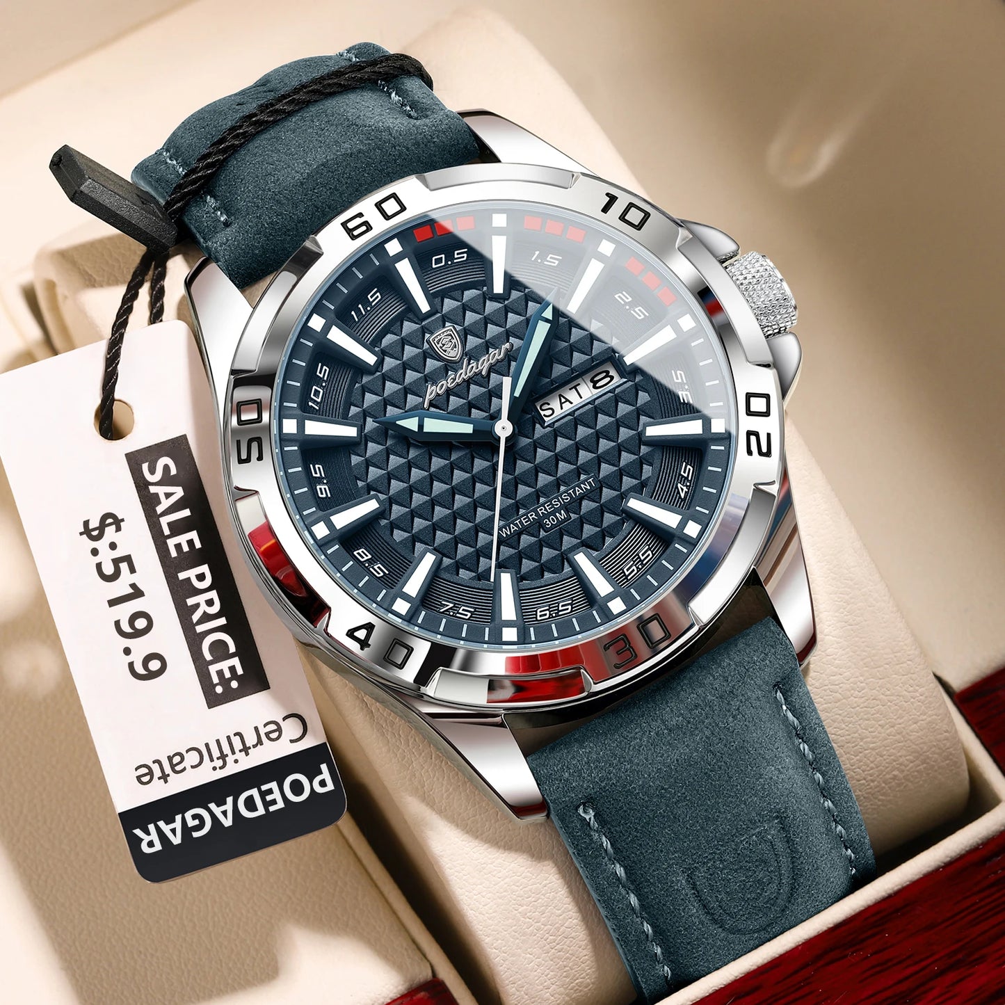 POEDAGAR Men's Luxury Wristwatch – Waterproof, Luminous, Date & Week Display, Quartz Sport Leather