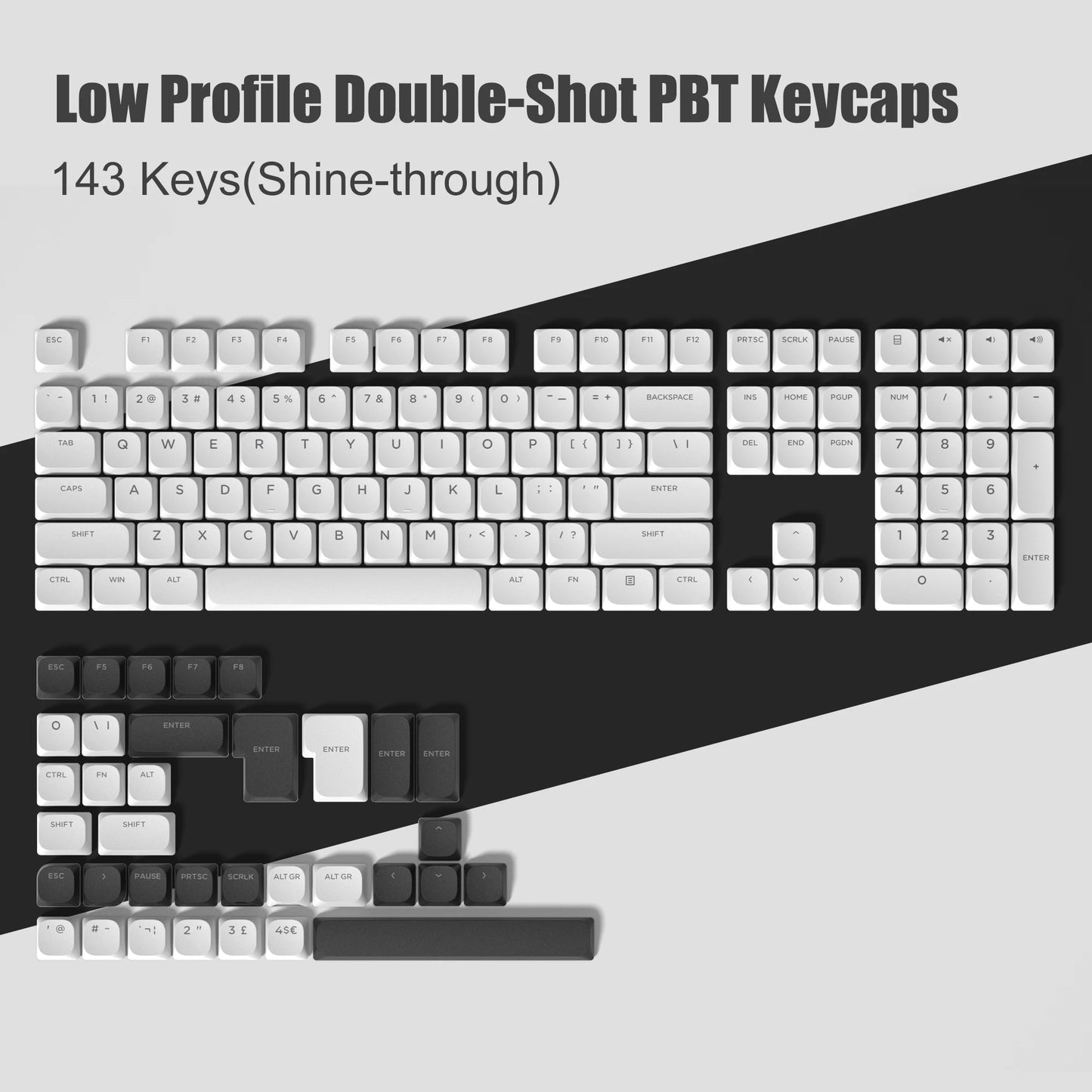 143 Key Low Profile PBT Keycaps – RGB Shine-Through, 60%/87/104, Cherry/Gateron MX