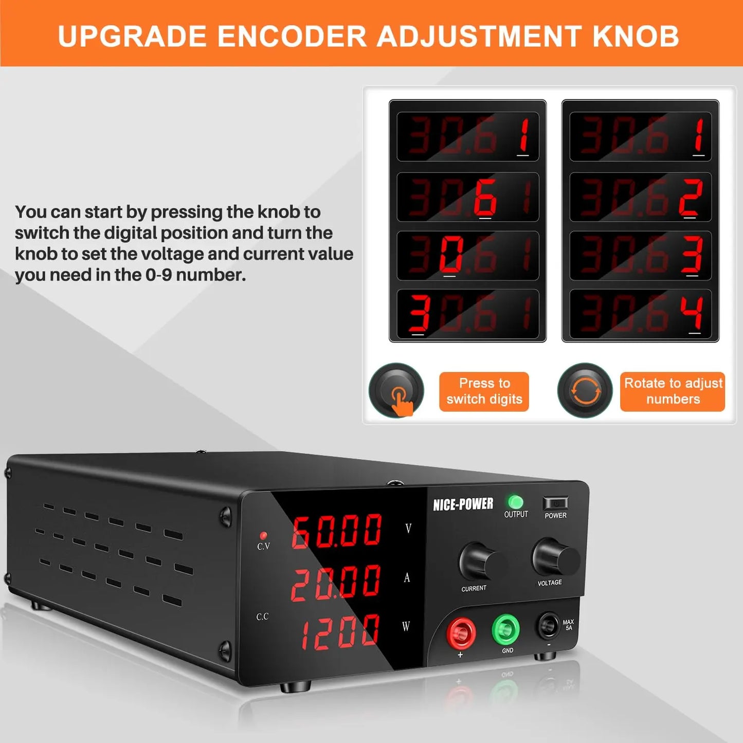 KUAIQU Adjustable DC Lab Bench Power Supply (30V–120V)