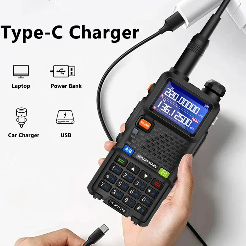 Baofeng UV-5RM walkie talkie with four-band radio, 3800mAh battery, handheld two-way radio, electronic communication device