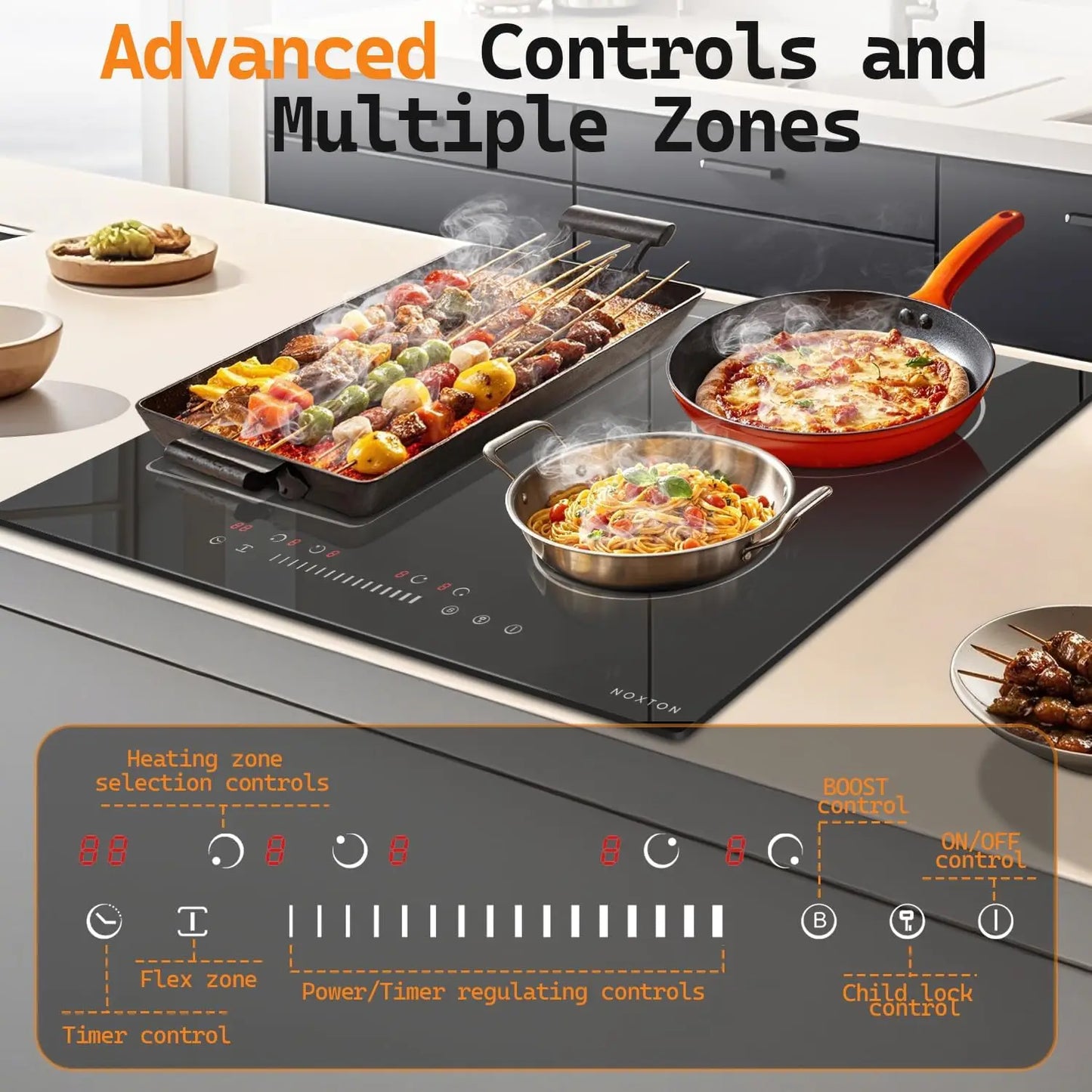 NOXTON 24" Induction Hob | 4 Burners + Flex Zone | 7200W | Power Boost | 230V