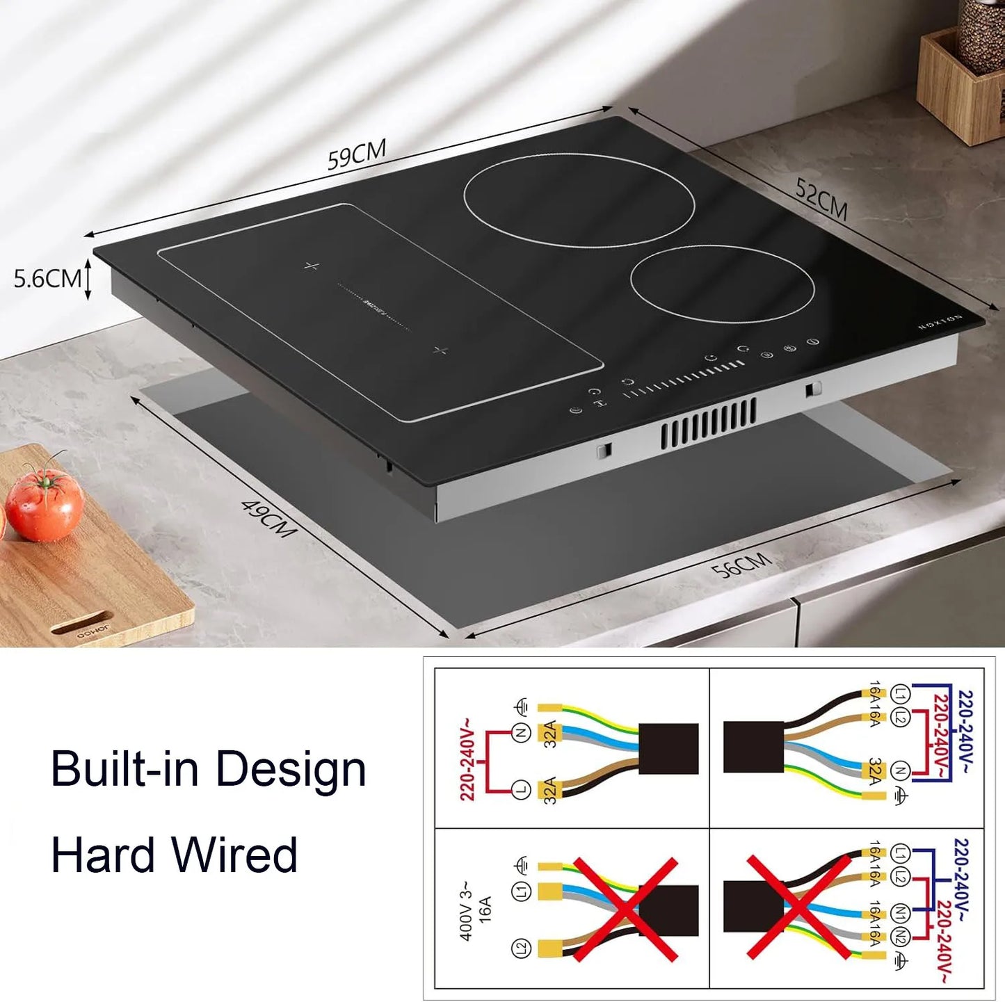 NOXTON 24" Induction Hob | 4 Burners + Flex Zone | 7200W | Power Boost | 230V