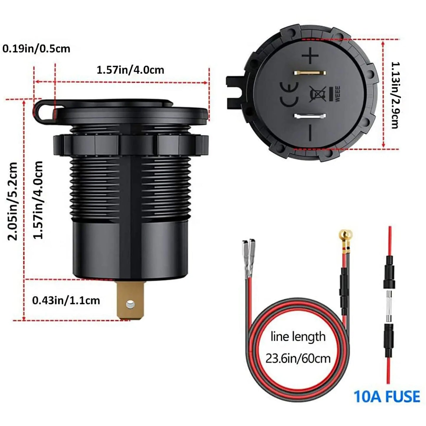 63W Aluminum USB-C Car Charger Socket – PD & QC3.0 Dual Port, 12V/24V for Car, Boat & Motorcycle