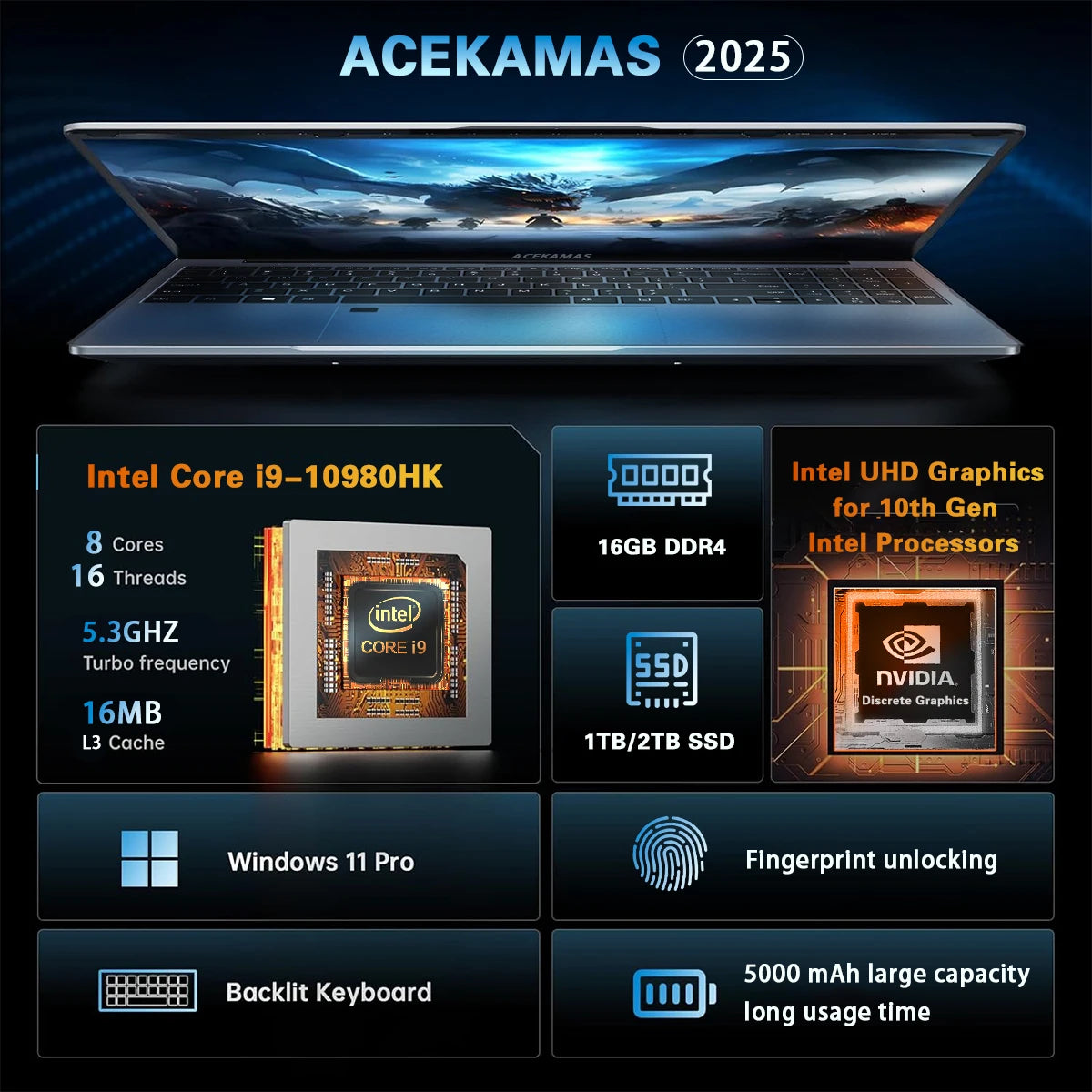 ACEKAMAS 15.6" Gaming Laptop – Intel Core i9-10980HK, 16GB DDR4, up to 2TB SSD, IPS, Windows 11 Pro