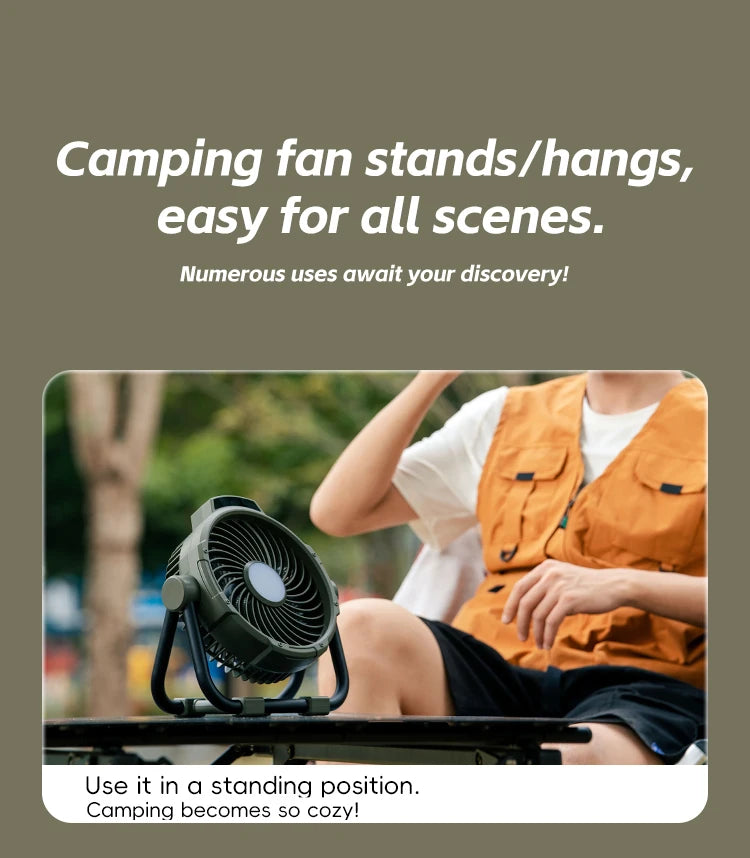 Portable 6-in-1 Outdoor Camping Fan | 10000mAh | 5 Speeds | LED Light | Hook & Remote | Rechargeable