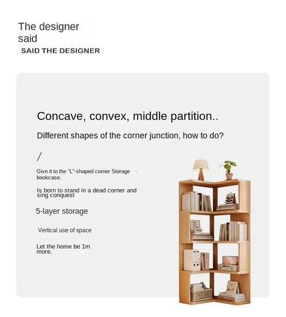 Solid wood corner bookshelf rack by R.E.D. Shopping with multiple shelves for home living room storage and organization.
