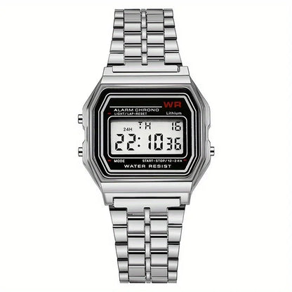 F91W LED Digital Sports Watch - Steel Band, Multi-Function, Unisex Business & Casual Clock