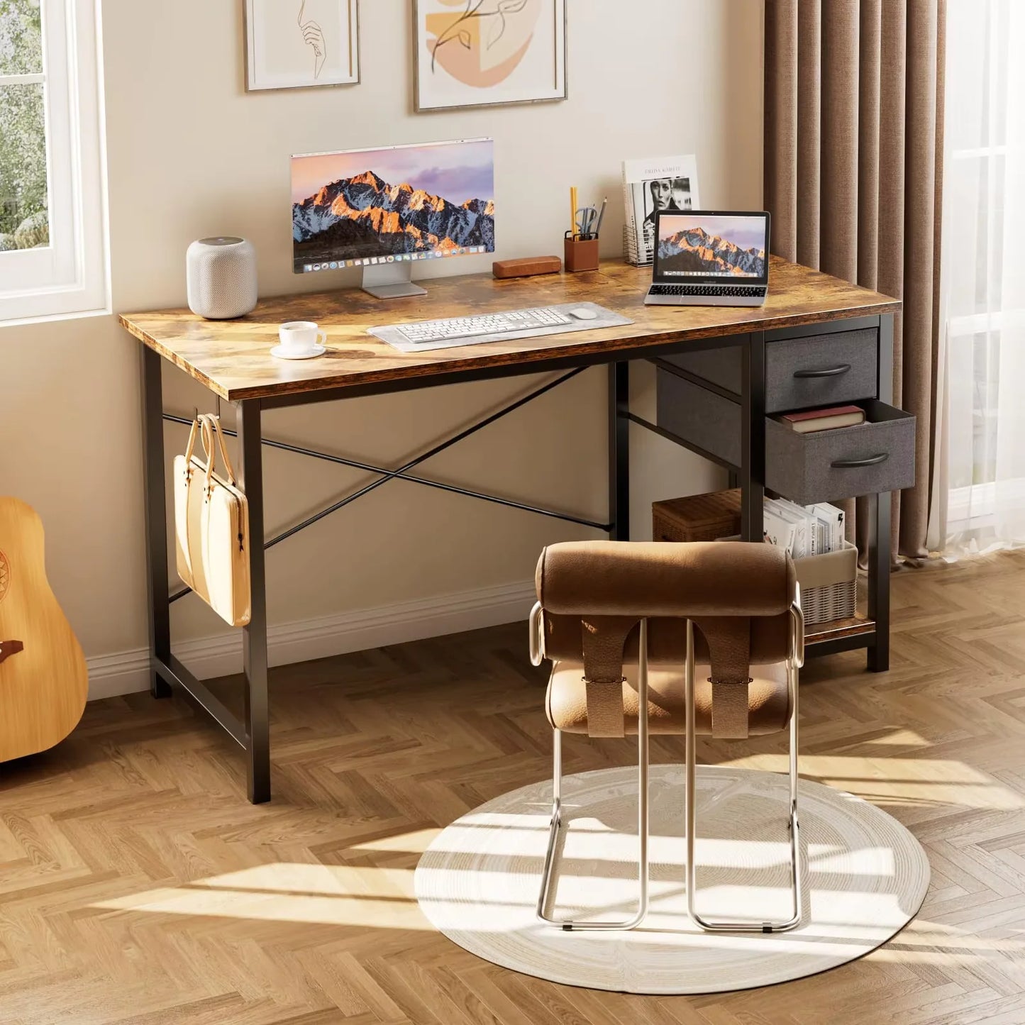 JHK Computer Desk with 2 Fabric Drawers | 40" & 47" Reversible Storage