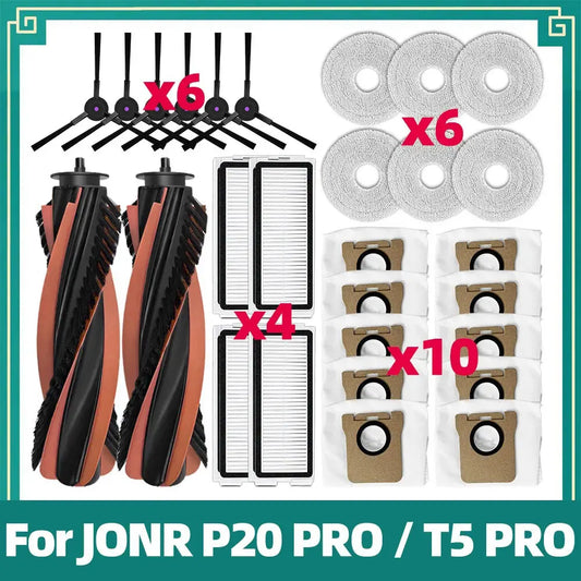 JONR P20 PRO / T5 Pro Robot Vacuum Replacement Parts | Main Brush, Side Brush, HEPA Filter, Mop Cloth