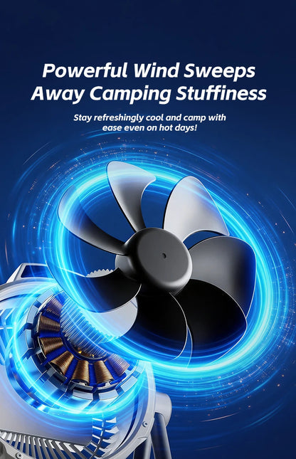 Portable 6-in-1 Outdoor Camping Fan | 10000mAh | 5 Speeds | LED Light | Hook & Remote | Rechargeable