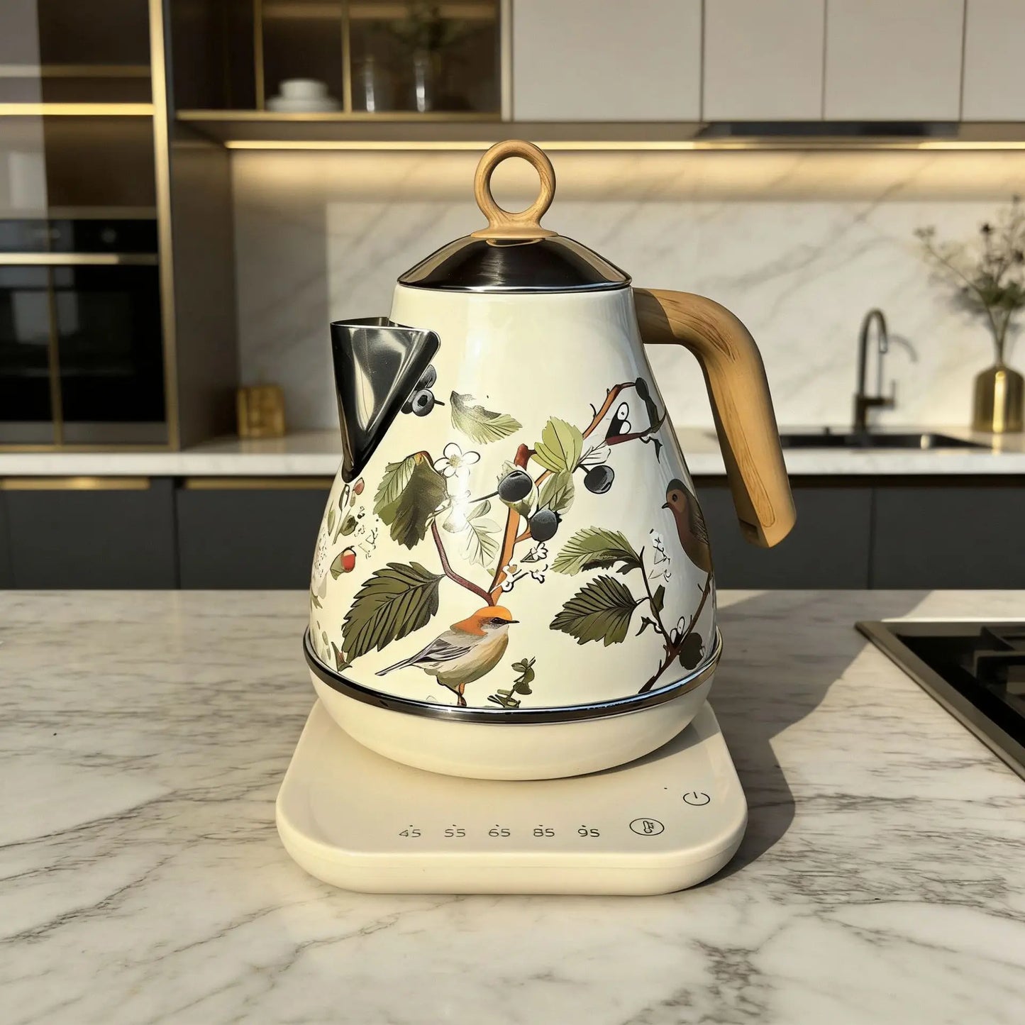 Retro Decal Electric Kettle – 1.7L, 304 Stainless Steel, Temperature Control, Wood Grain Handle