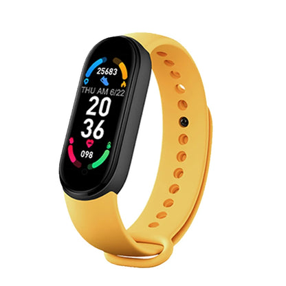 R.E.D. Shopping M6 Smart Fitness Bracelet displaying heart rate and sleep monitoring features, with a black band and digital screen.