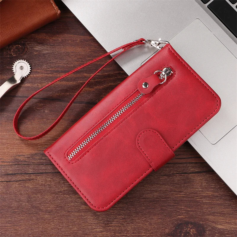 R.E.D. Shopping iPhone 16 Plus zipper wallet case with card slots, magnetic stand, leather cover, and protective design.