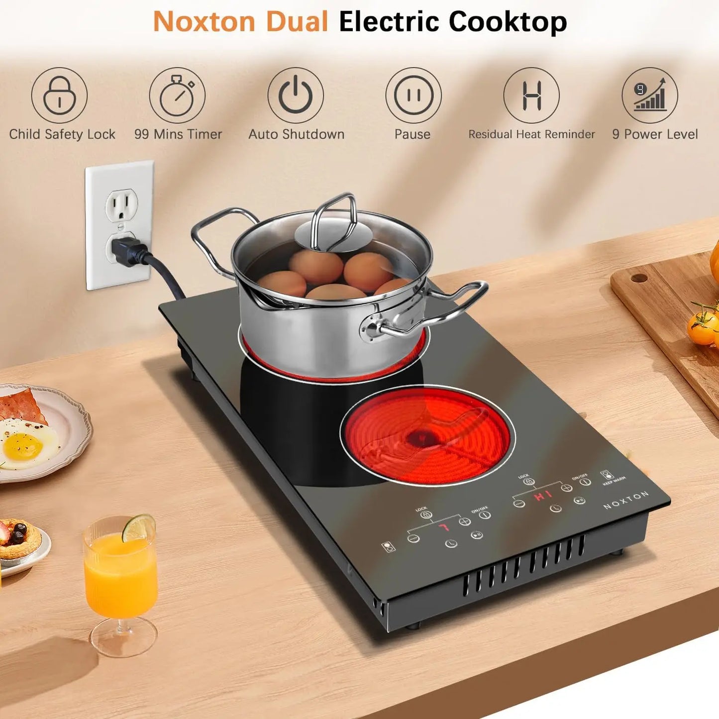 NOXTON 2-Zone Ceramic Hob – Plug-In, 99-Min Timer, Safety Lock, Countertop & Built-In, US 110V / EU-UK 220V