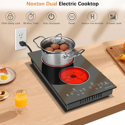 NOXTON 2-Zone Ceramic Hob – Plug-In, 99-Min Timer, Safety Lock, Countertop & Built-In, US 110V / EU-UK 220V