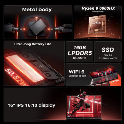 KAMRUI Gaming Laptop 16" — AMD Ryzen 9 6900HX, 16GB LPDDR5, 512GB NVMe SSD, Radeon 680M, Win11 PRO