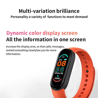 R.E.D. Shopping M6 Smart Fitness Bracelet showing heart rate monitor, sleep tracking, and waterproof design on a user’s wrist.