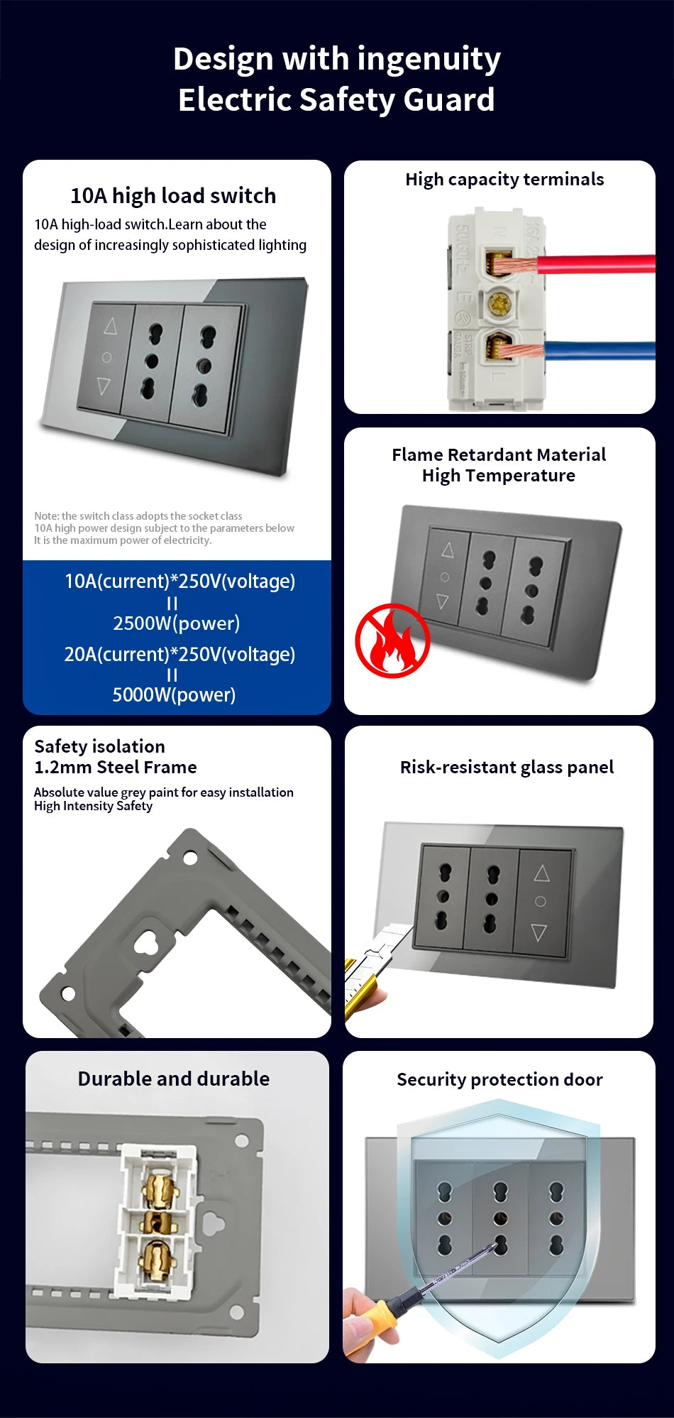 DELEFU Black Tempered Glass Wall Socket – USB Type-C Fast Charging Schuko & Italy