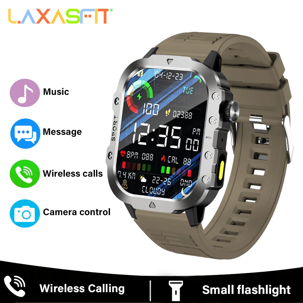 LAXASFIT Outdoor Smart Watch 2025 – 2.01" HD Screen, LED Flashlight, Bluetooth Voice Call