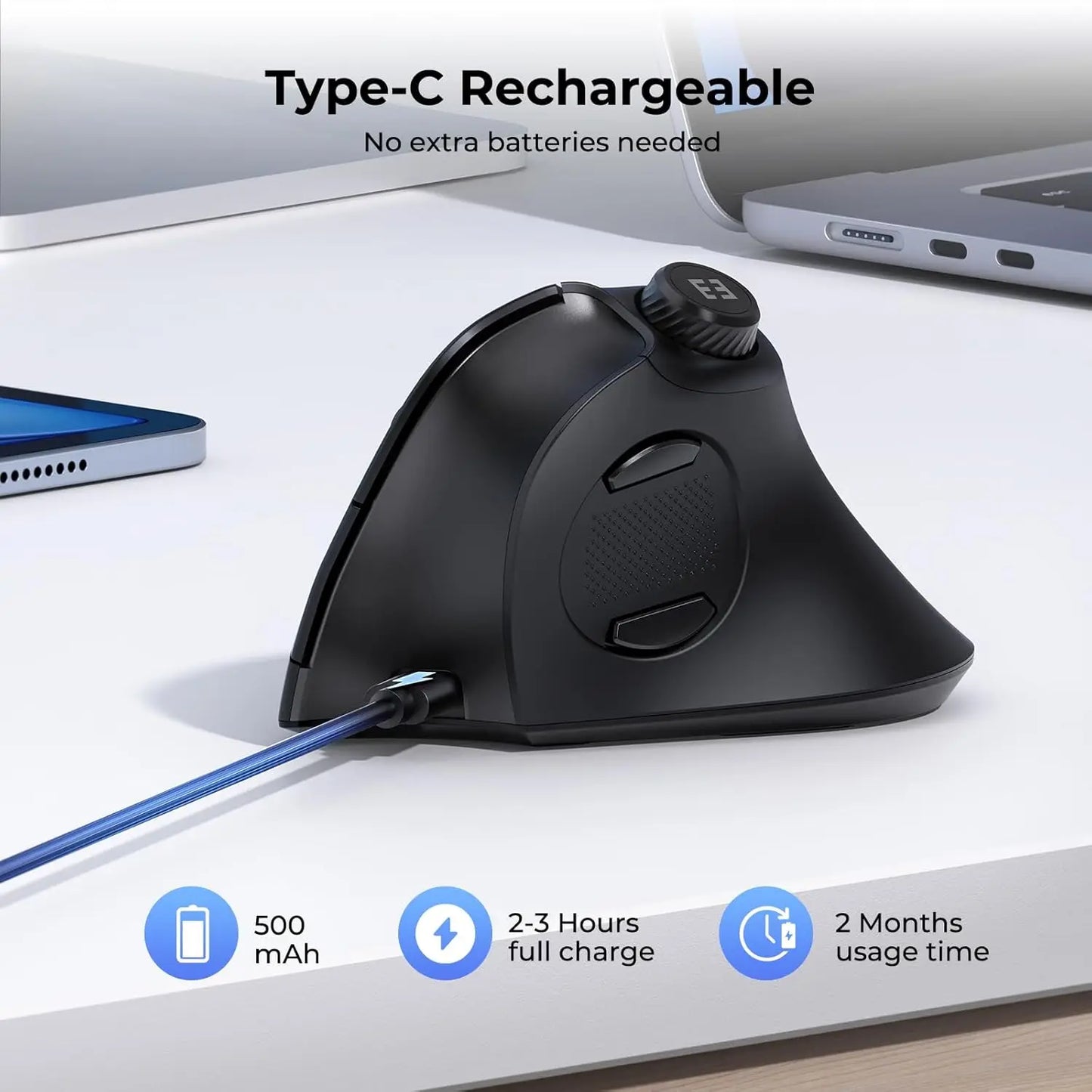 seenda MOU-302 Ergonomic Vertical Wireless Mouse | USB + Dual BT | Volume Knob | Quiet Clicks | Multi-Device