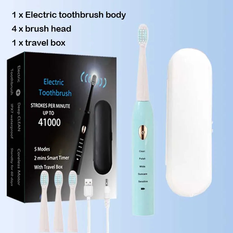 Rechargeable R.E.D. electric toothbrush with five cleaning modes, waterproof design, and 30-day battery life in a sleek personal care image.