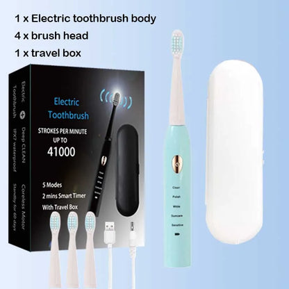 Rechargeable R.E.D. electric toothbrush with five cleaning modes, waterproof design, and 30-day battery life in a sleek personal care image.