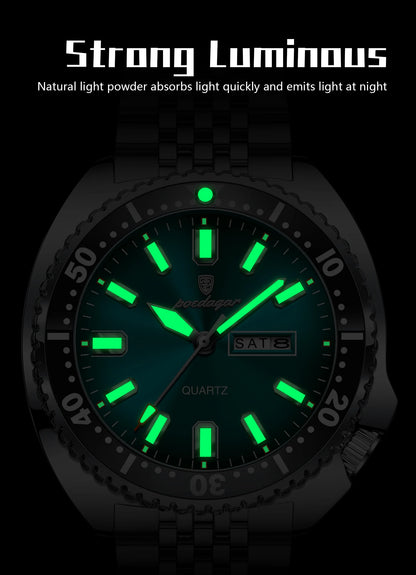 POEDAGAR Luxury Men's Quartz Watch – Date, Week, Luminous & Waterproof Stainless Steel