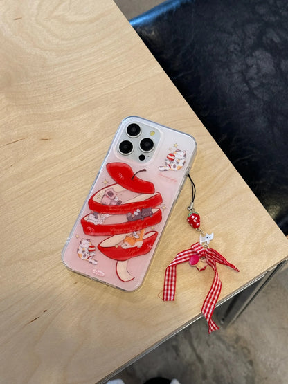 Korean Ins Sliced Apple Dual-Layer Case for iPhone 16/15/14/13/12/11 Pro Max – Cute Dangle Cover