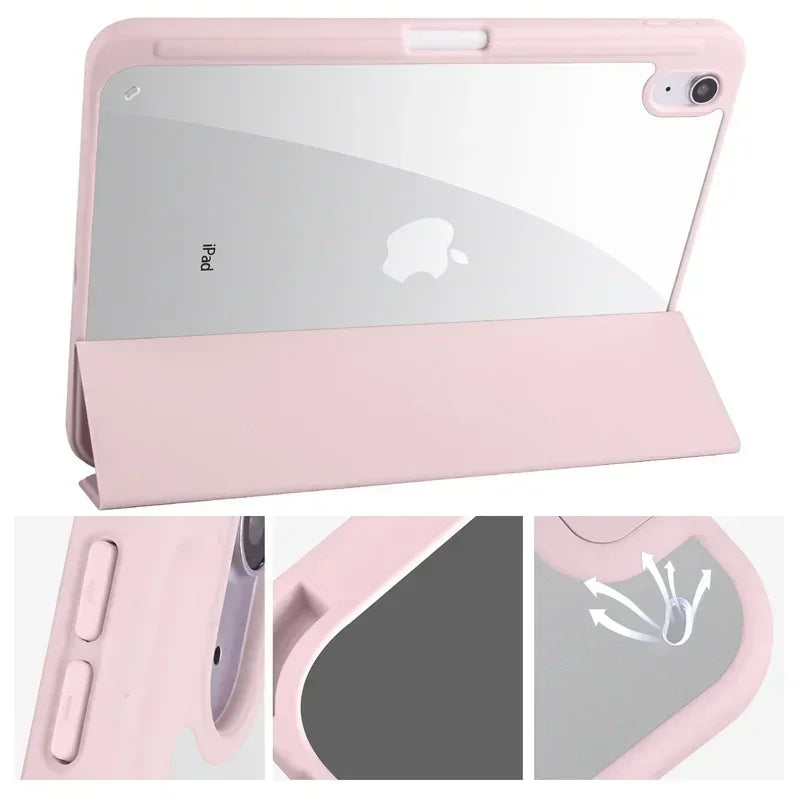 iPad Case with Pen Holder – Trifold Acrylic Clear Back Cover for iPad 9.7–11"