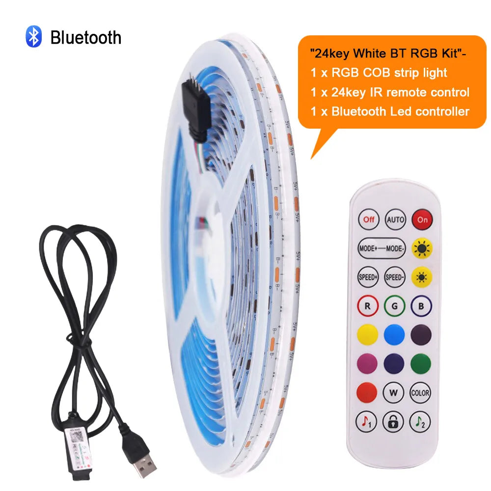 WiFi Bluetooth RGB COB LED Strip Light – 576 LEDs, 24/44 Key Remote, Flexible Tape Kit
