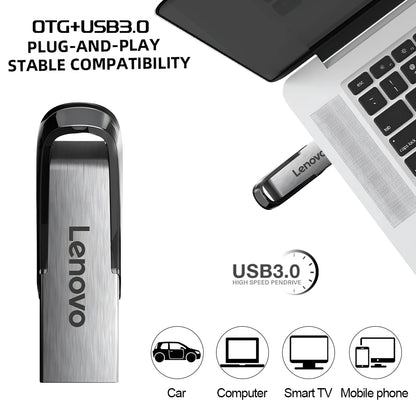 Lenovo 2TB waterproof metal USB 3.0 flash drive with sleek design, suitable for fast data transfer and durable storage.