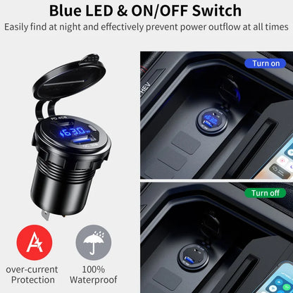 63W Aluminum USB-C Car Charger Socket – PD & QC3.0 Dual Port, 12V/24V for Car, Boat & Motorcycle
