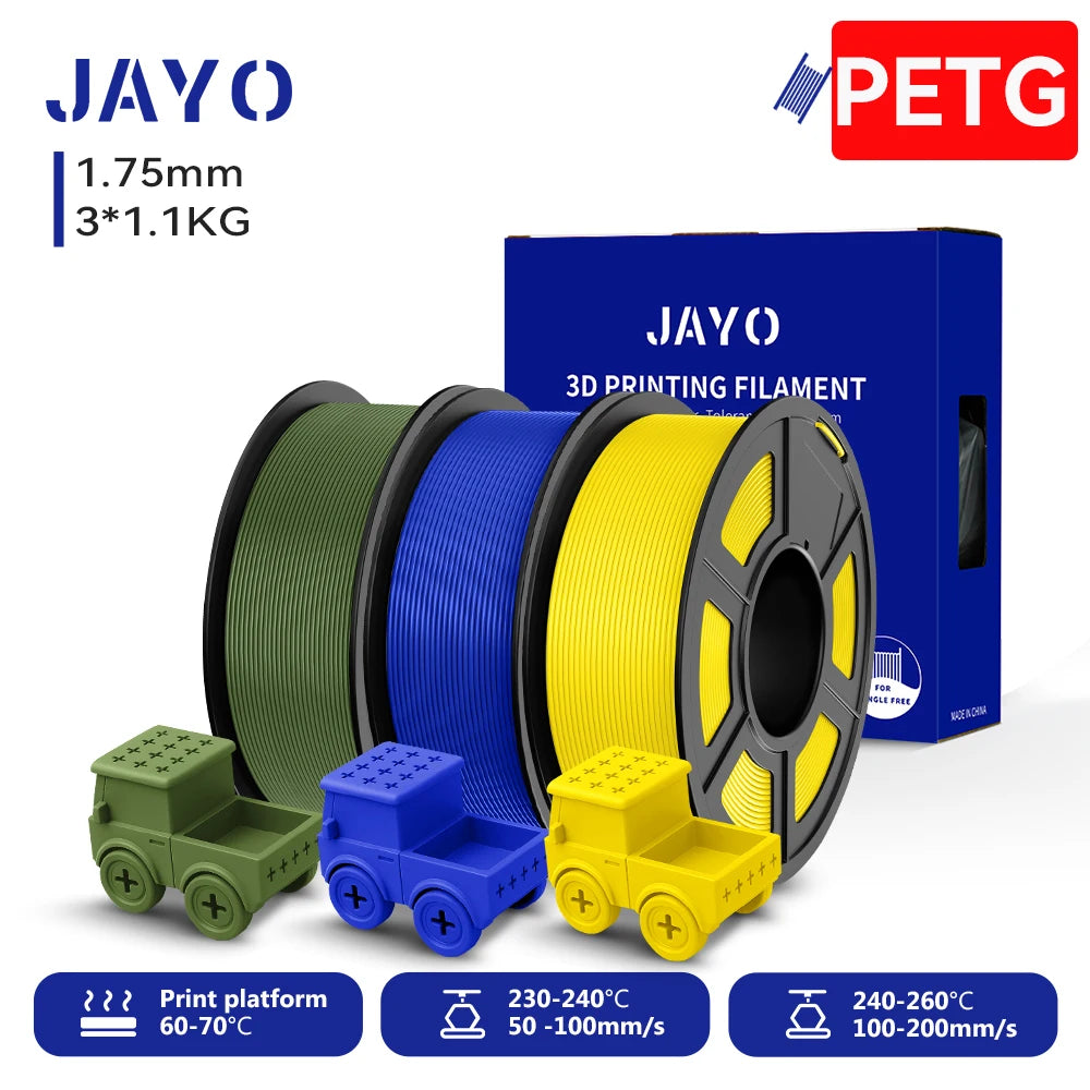 JAYO PETG/High Speed Matte PETG 3D Printing Filament 1.75MM Mix-Colors & No bubbles &Non-toxic For 3D Printer & Pen 3Rolls