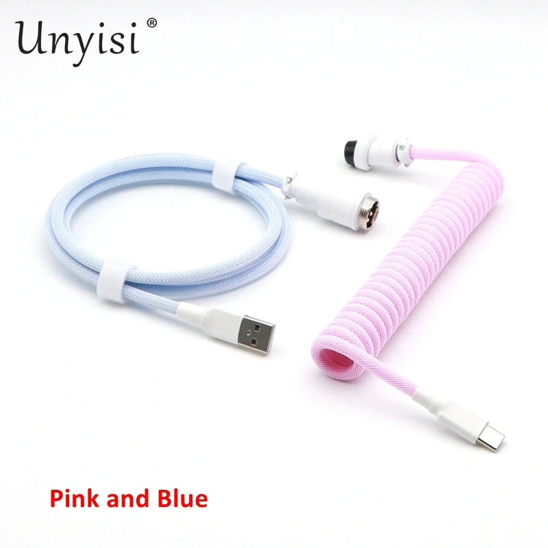 Handmade paracord and PET coiled USB-A to USB-C cable with GX16 aviator connector for mechanical keyboards, by R.E.D. Shopping.