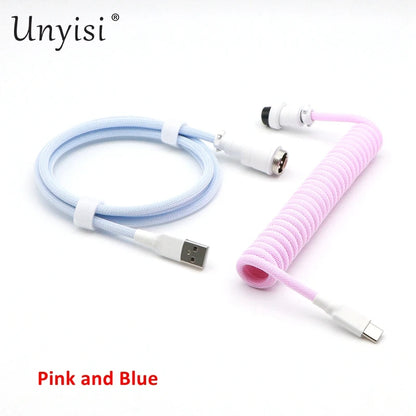 Handmade paracord and PET coiled USB-A to USB-C cable with GX16 aviator connector for mechanical keyboards, by R.E.D. Shopping.