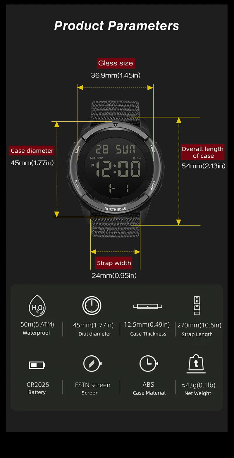 NORTH EDGE TERRAX Men's Digital Sport Watch – 50M Waterproof, Stopwatch, Countdown, Outdoor