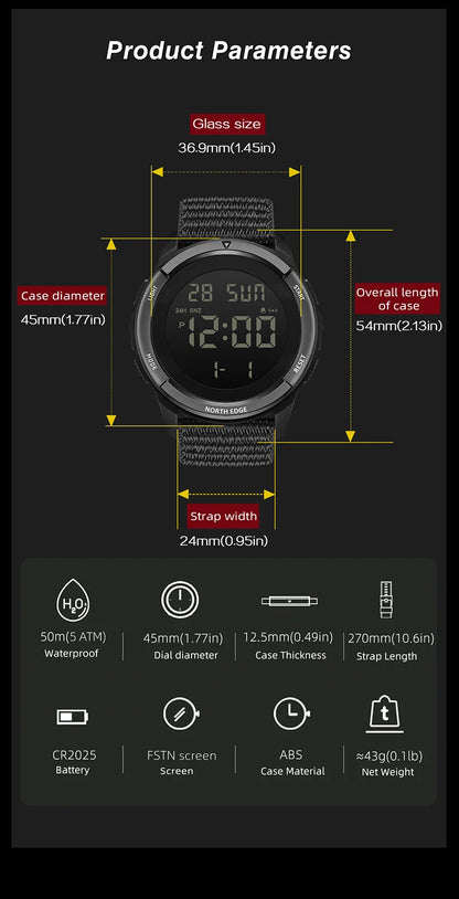 NORTH EDGE TERRAX Men's Digital Sport Watch – 50M Waterproof, Stopwatch, Countdown, Outdoor