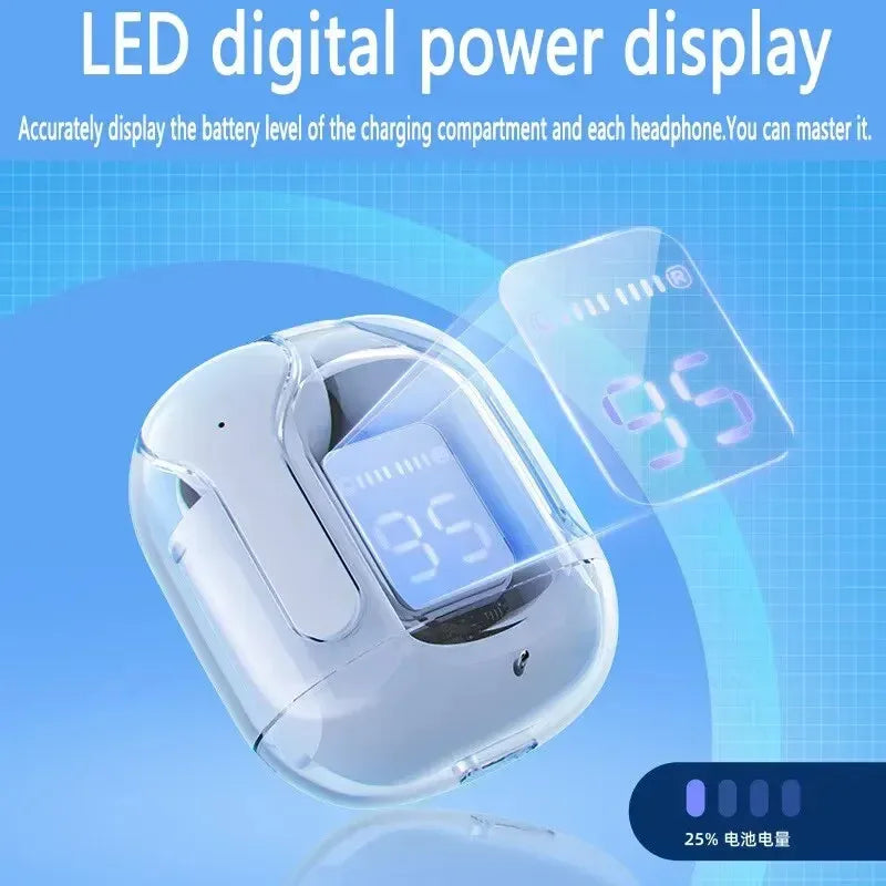 R.E.D. T2 Wireless Bluetooth Earphones with transparent design, LED display, and 24-hour battery life, shown in close-up.
