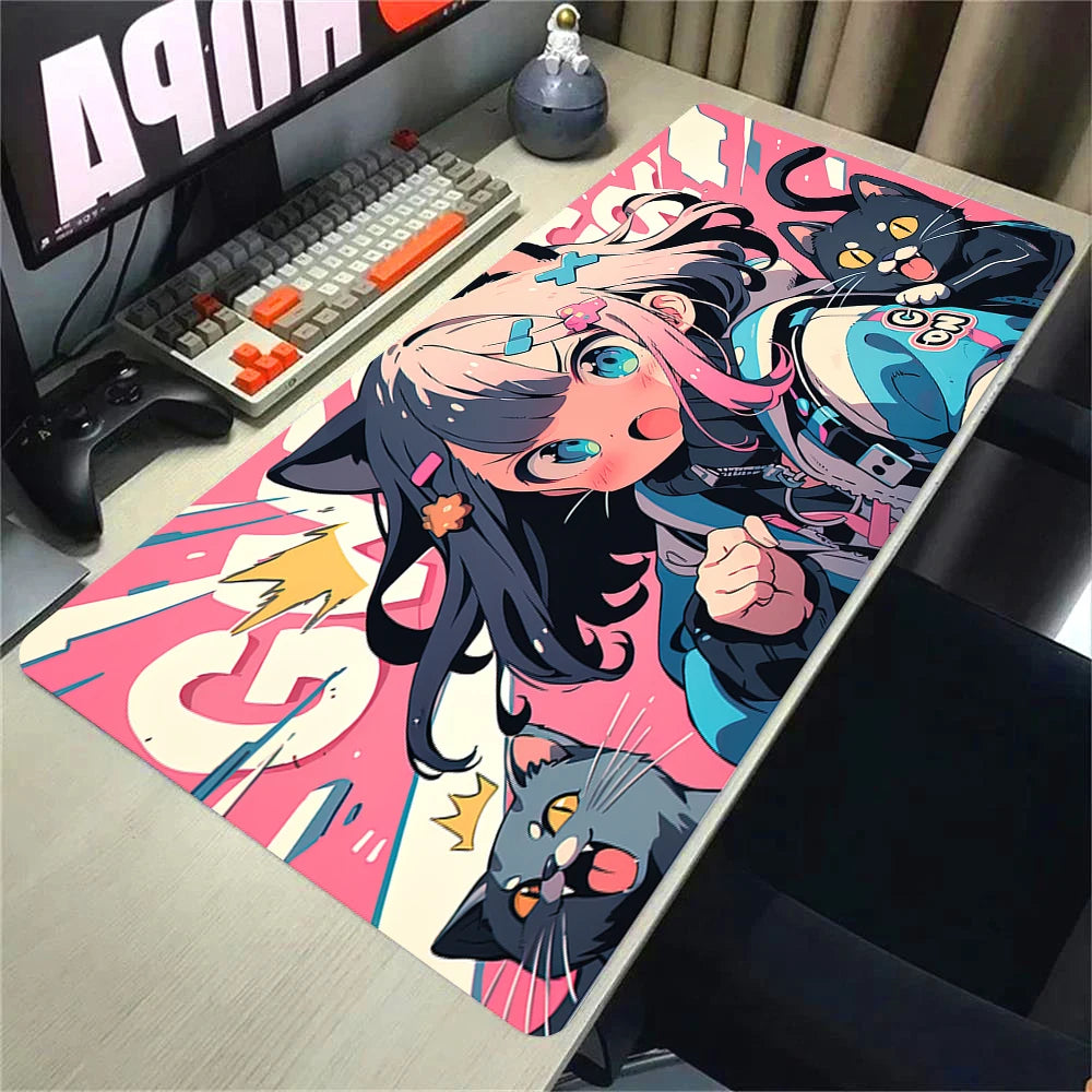 Kawaii Girls & Cat Graffiti Deskmat 900x400 – Anime Gaming Mouse Pad, Waterproof, Non-Slip
