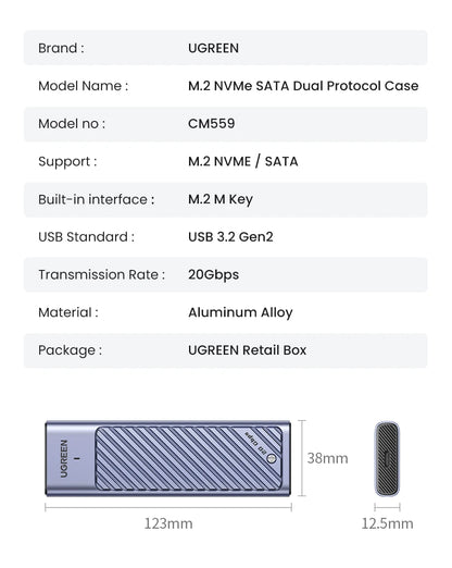 UGREEN M.2 SSD Enclosure | NVMe & SATA | USB 3.2 Gen2 20Gbps | Supports 2230–2280