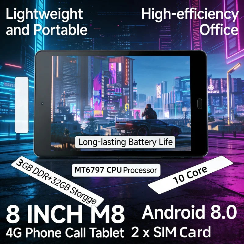 Glavey 8" 4G Phone Call Tablet – Android 8.0, MTK6797 10-Core, 3GB+32GB, Dual SIM, 5500mAh