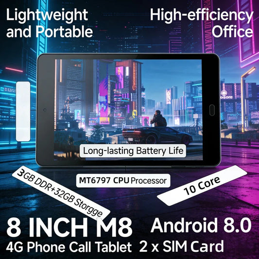 Glavey 8" 4G Phone Call Tablet – Android 8.0, MTK6797 10-Core, 3GB+32GB, Dual SIM, 5500mAh