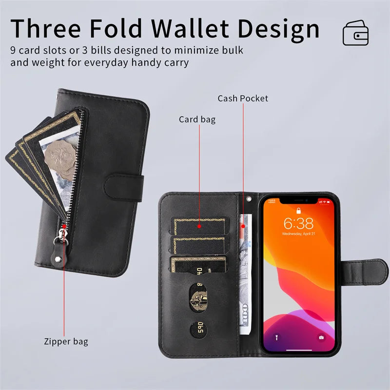 R.E.D. Shopping iPhone 16 Plus zipper wallet case with leather cover, card slots, and magnetic stand for mobile protection.
