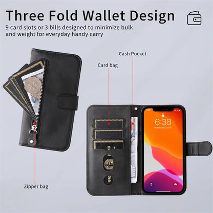 R.E.D. Shopping iPhone 16 Plus zipper wallet case with leather cover, card slots, and magnetic stand for mobile protection.