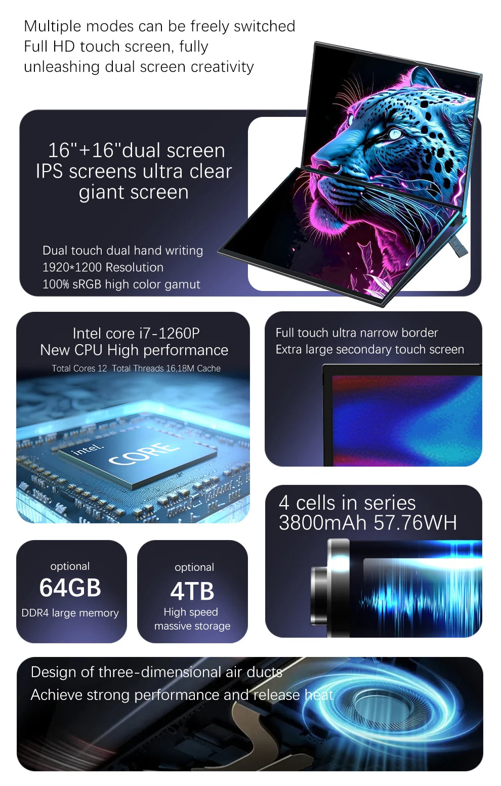 CRELANDER 16" Dual Touch Screen Laptop – Intel Core i7-1260P, 16/32/64GB DDR4, up to 4TB SSD, Windows 11