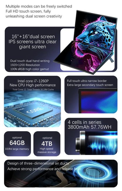 CRELANDER 16" Dual Touch Screen Laptop – Intel Core i7-1260P, 16/32/64GB DDR4, up to 4TB SSD, Windows 11